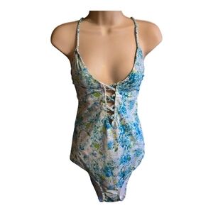 Victoria’s Secret Floral Lace Up One Piece Swimsuit Blue Green Tie Back Size XL